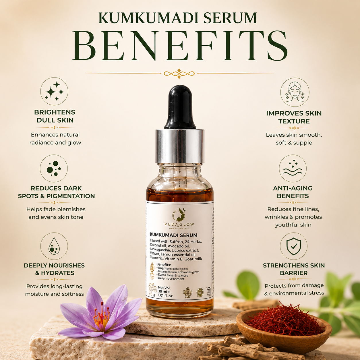 Kumkumadi Serum – Ayurvedic Saffron Face Serum for Radiant Skin | Veda Glow