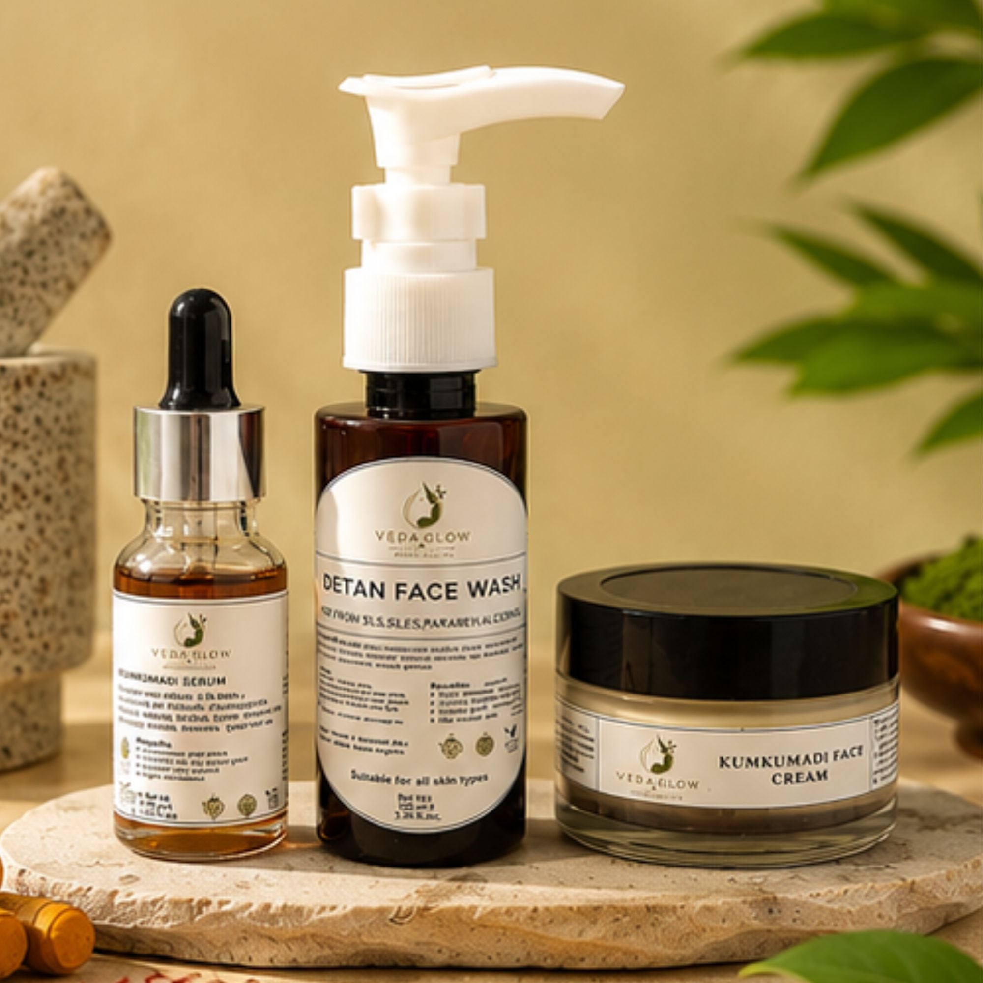 Kumkumadi Serum + De-Tan Face Wash Combo – Ayurvedic Skincare Duo | Veda Glow