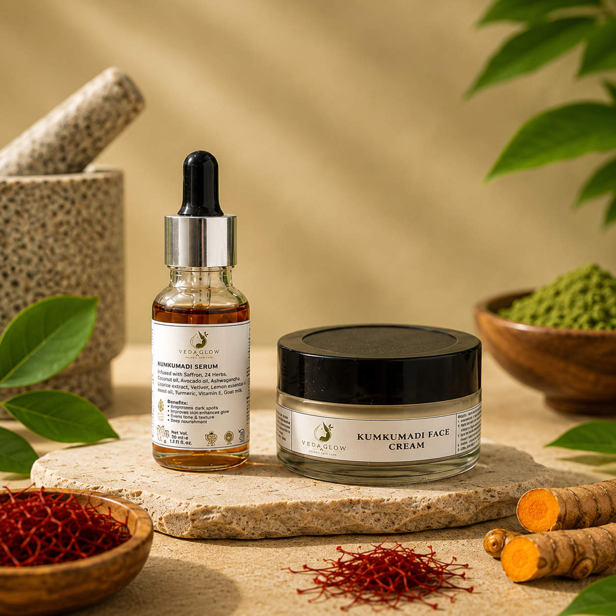 Kumkumadi Glow Duo – Saffron Cream & Serum Combo for Radiant Skin | Veda Glow