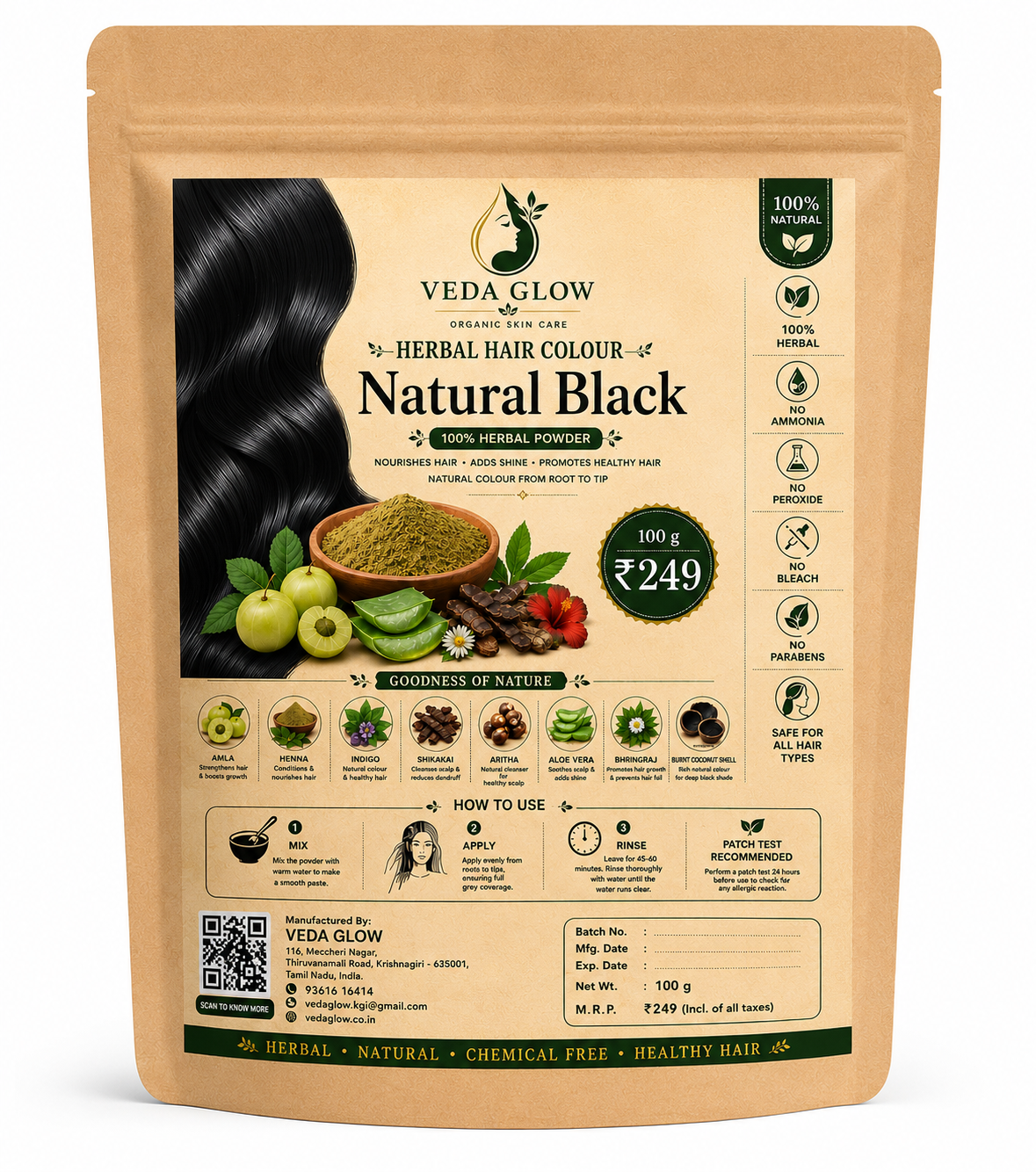 Natural Black Herbal Hair Dye | 100% Herbal Hair Colour Powder | VEDA GLOW 100g