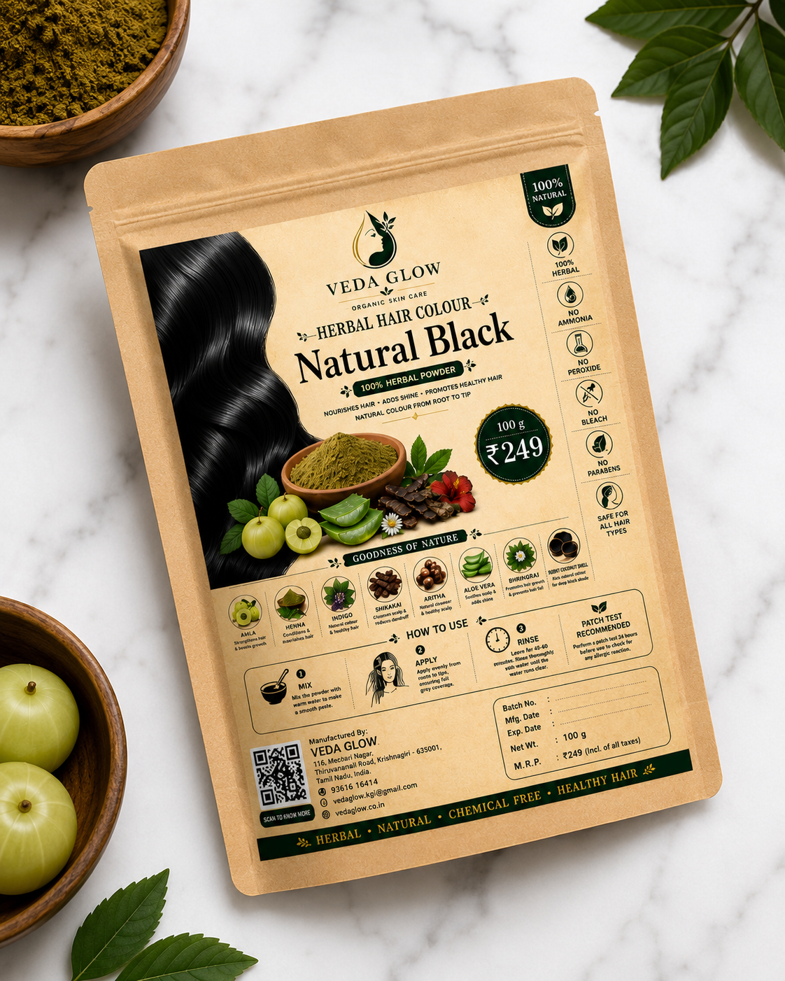Natural Black Herbal Hair Dye | 100% Herbal Hair Colour Powder | VEDA GLOW 100g