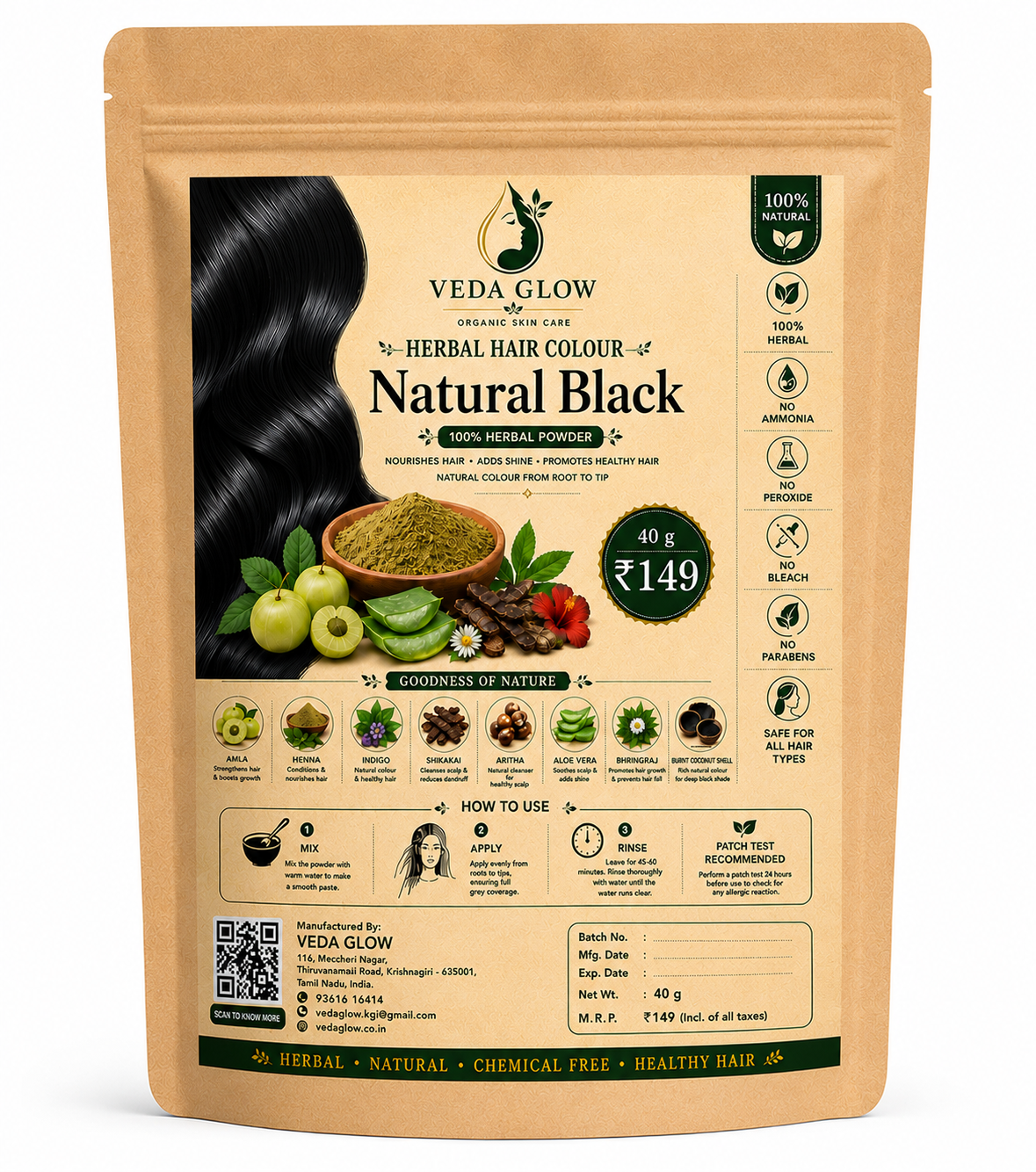 VEDA GLOW Herbal Hair Dye | Natural Black Hair Colour 40g